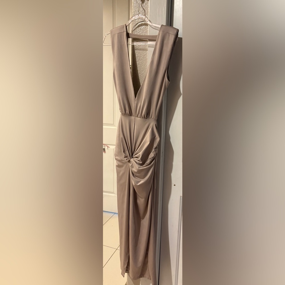 Sleeveless Taupe Twist-front Maxi Dress